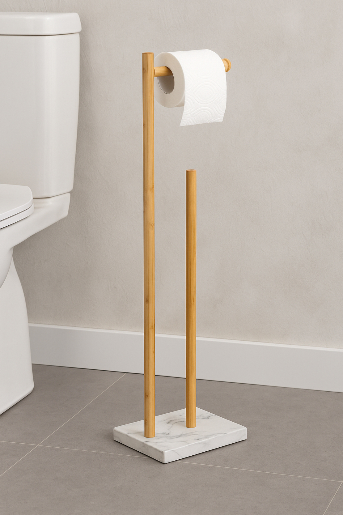 Suport hartie igienica 5Five Lea cu spatiu depozitare, bambus, 22x18x78 cm, alb si maro