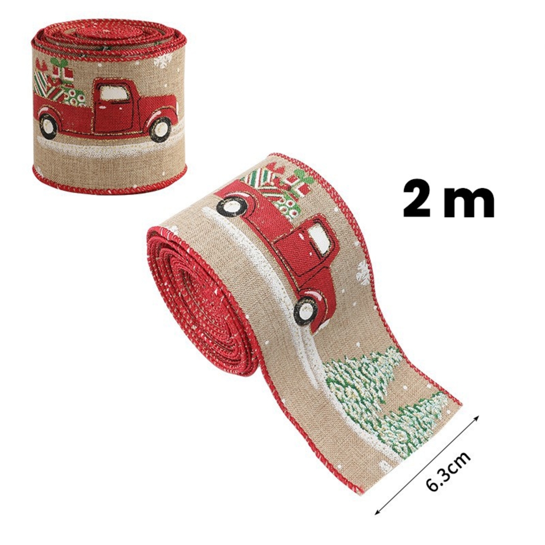 Panglica Decorativa pentru Craciun, Flippy, Ornament pentru Brad de Craciun, Pretreceri, Panglica cu Design Masina Rosie, 200 x 6.3 cm, Khaki