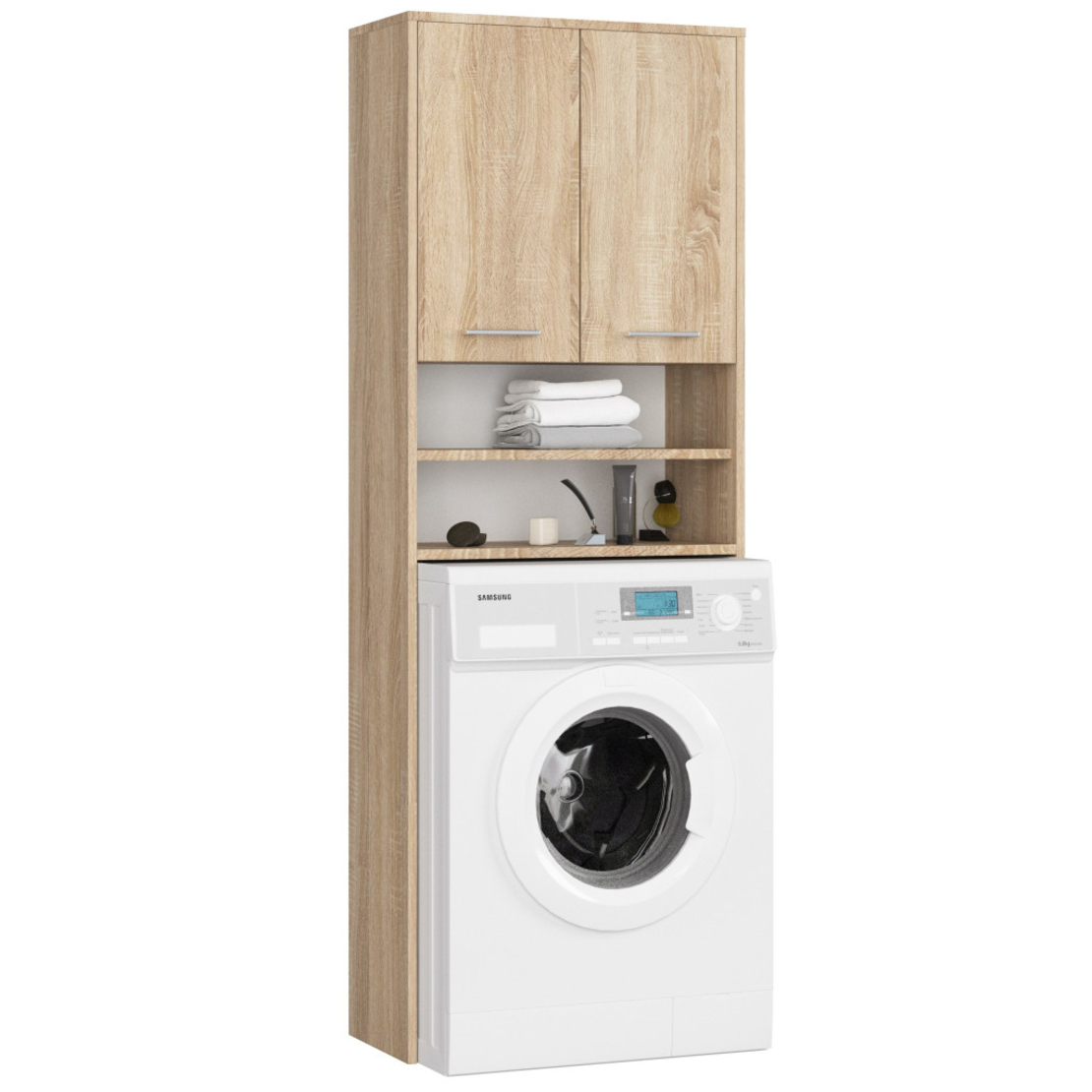 Dulap baie inalt pentru spatiu deasupra masinii de spalat, cu usi si polite, 64x30x180 cm, stejar sonoma