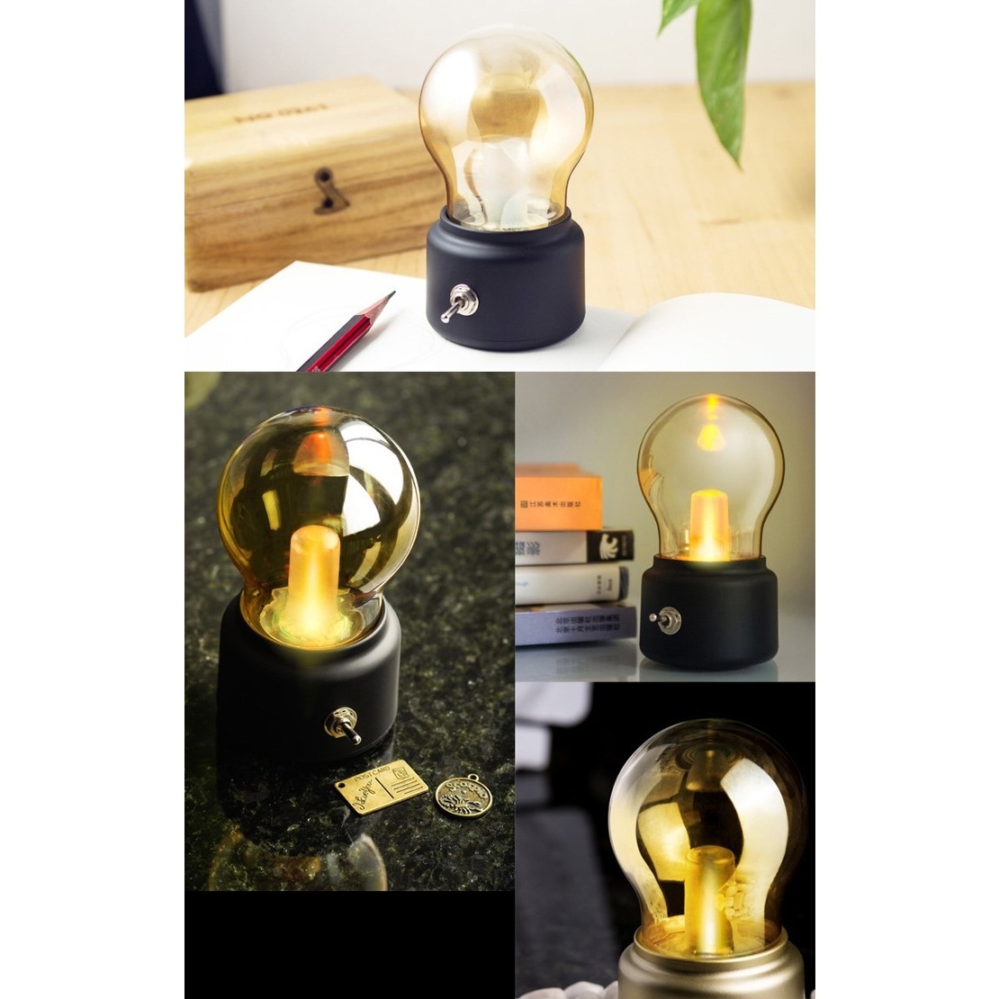 Lampa LED Decorativa sub forma de Bulb, Retro pentru interior, Negru/ Transparent, 5 V, 500 mA, ABS, Lumina Calda, Incarcare USB, Autonimie 12 Ore, Comutator Metalic, Flippy, 11x7x6 cm