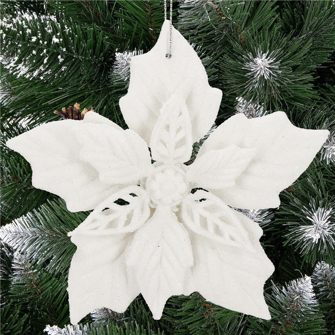 Set 10 flori de Craciun 12 cm, ornamente cu sclipici, plastic, alb