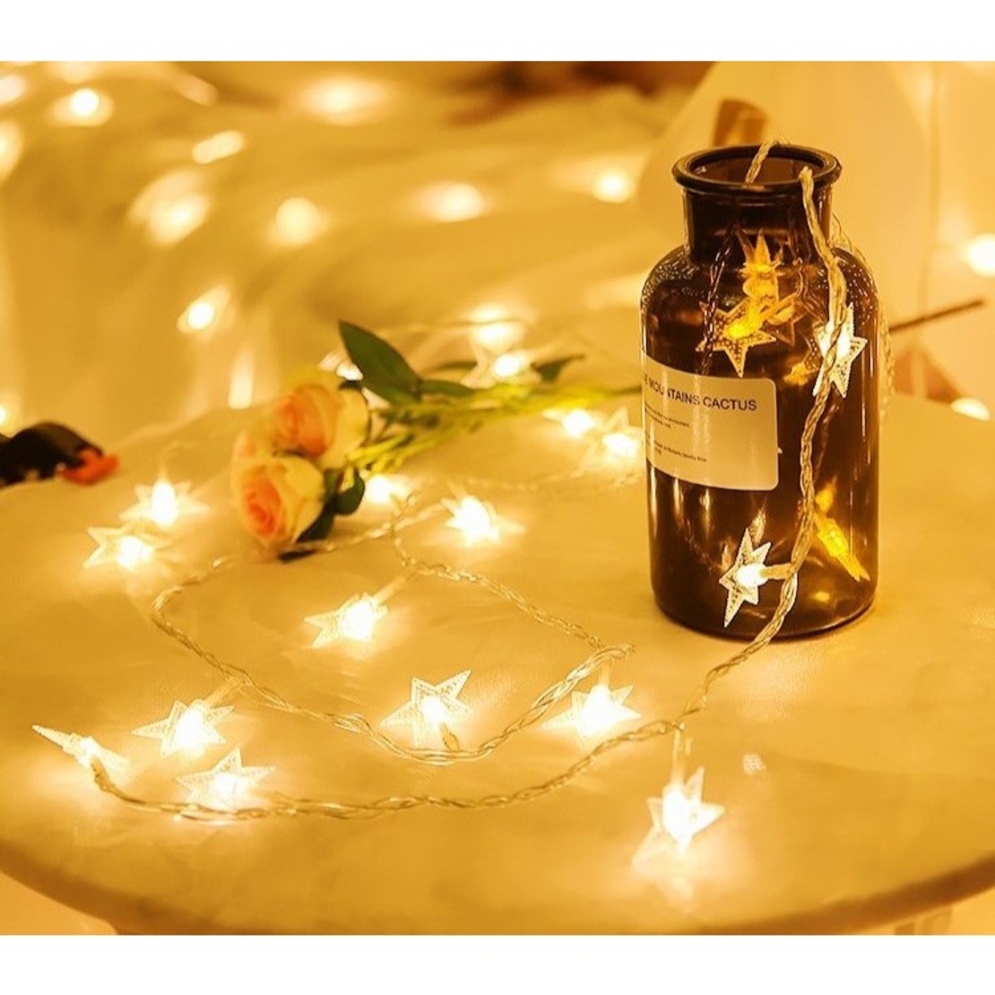 Instalatie Craciun, 6 metri,40 LED-uri cu Ornament tip Stea, Alb Cald, USB lung, fir cupru, liniar, interior/exterior, Vafy