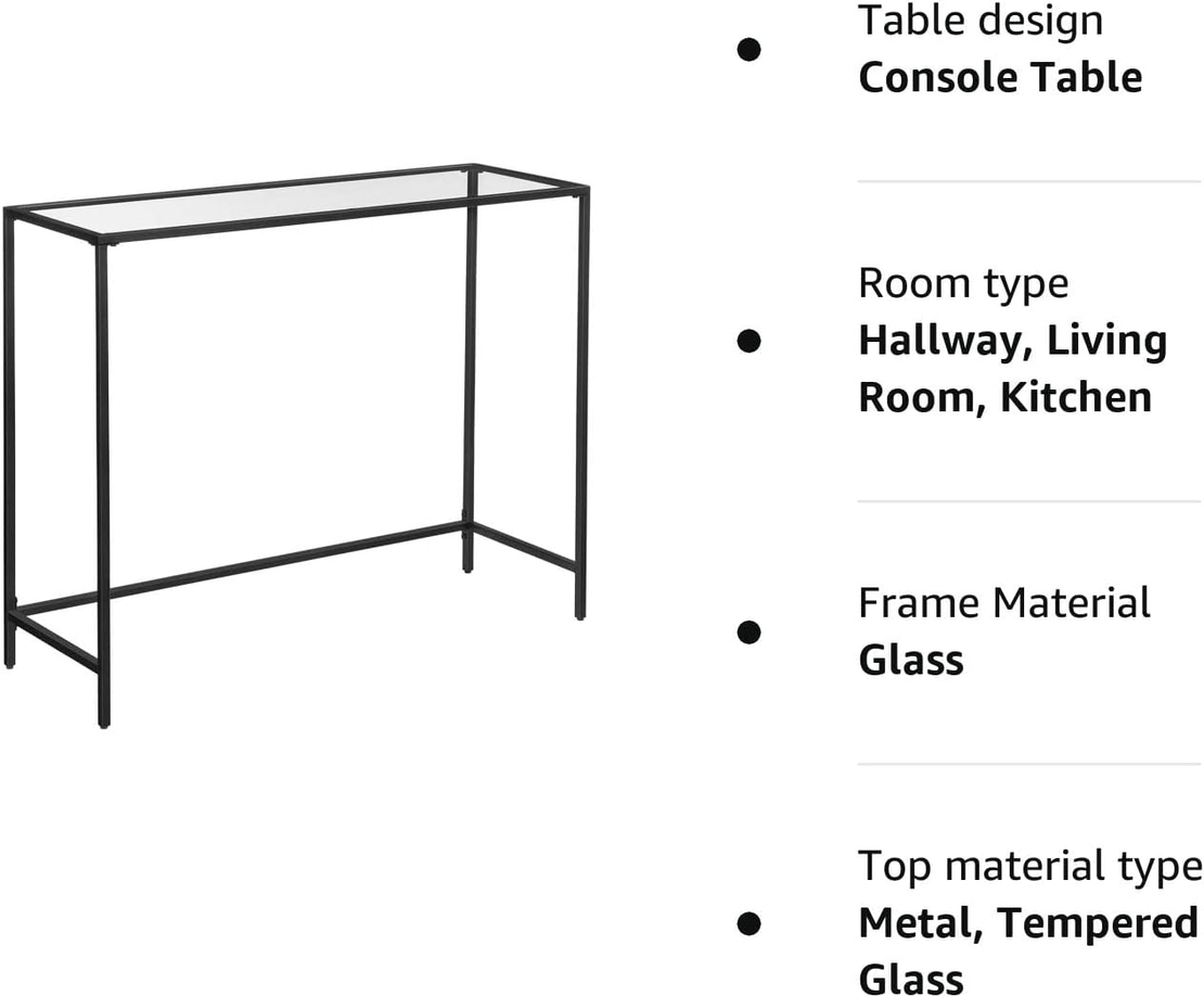 VASAGLE Masa de intrare, blat din sticla securizata, cadru din metal, pentru sufragerie, 100x35x80cm, negru