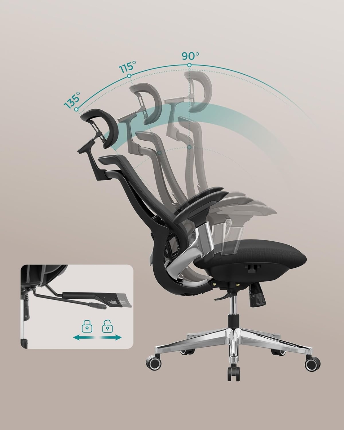 SONGMICS Scaun de birou ergonomic reglabil cu tetiera si suport lombar, inclinare 135°, maxim 150 kg, 70x70x125 cm, negru