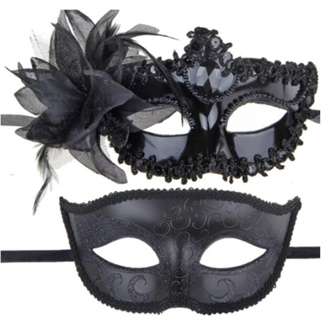 Set 2 Masti de Cuplu, Flippy, pentru Carnaval, Bal Mascat, Marime Universala, Model Floare Laterala si Margele, Model Clasic, Negru Gri