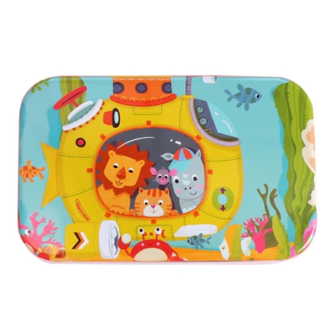 Puzzle 60 de Piese din Lemn in Cutie Metalica, Flippy, Model Submarin, Educativ, Dezvoltare Abilitati Cognitive, pentru Prescolari, 22.5x13.5 cm