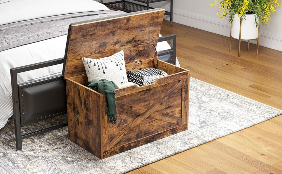 VASAGLE Banca pentru pantofi cu perna, tip cufar de depozitare, stil hambar, 76x40x48cm, maro rustic
