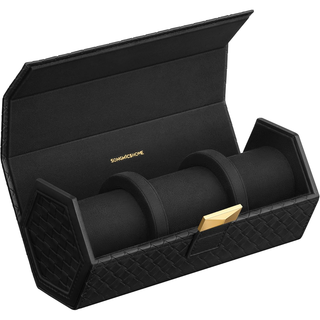 SONGMICS Cutie voiaj ceasuri Ronne, 3 compartimente + spatiu ascuns, 21x10x9 cm, negru