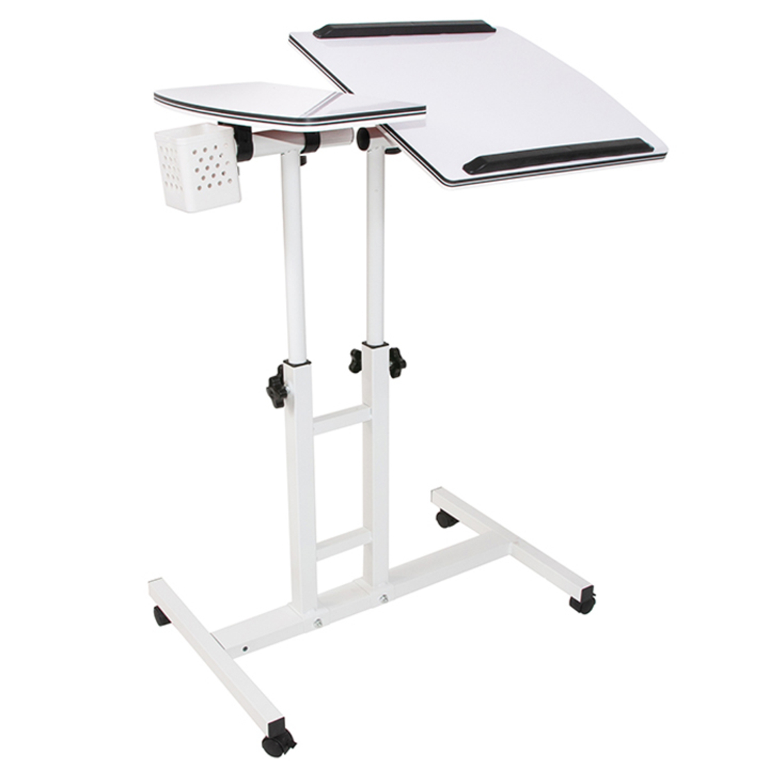 Masuta laptop reglabila cu 2 blaturi acrilice, pe roti cu blocare, 60-90 cm, alb perlat