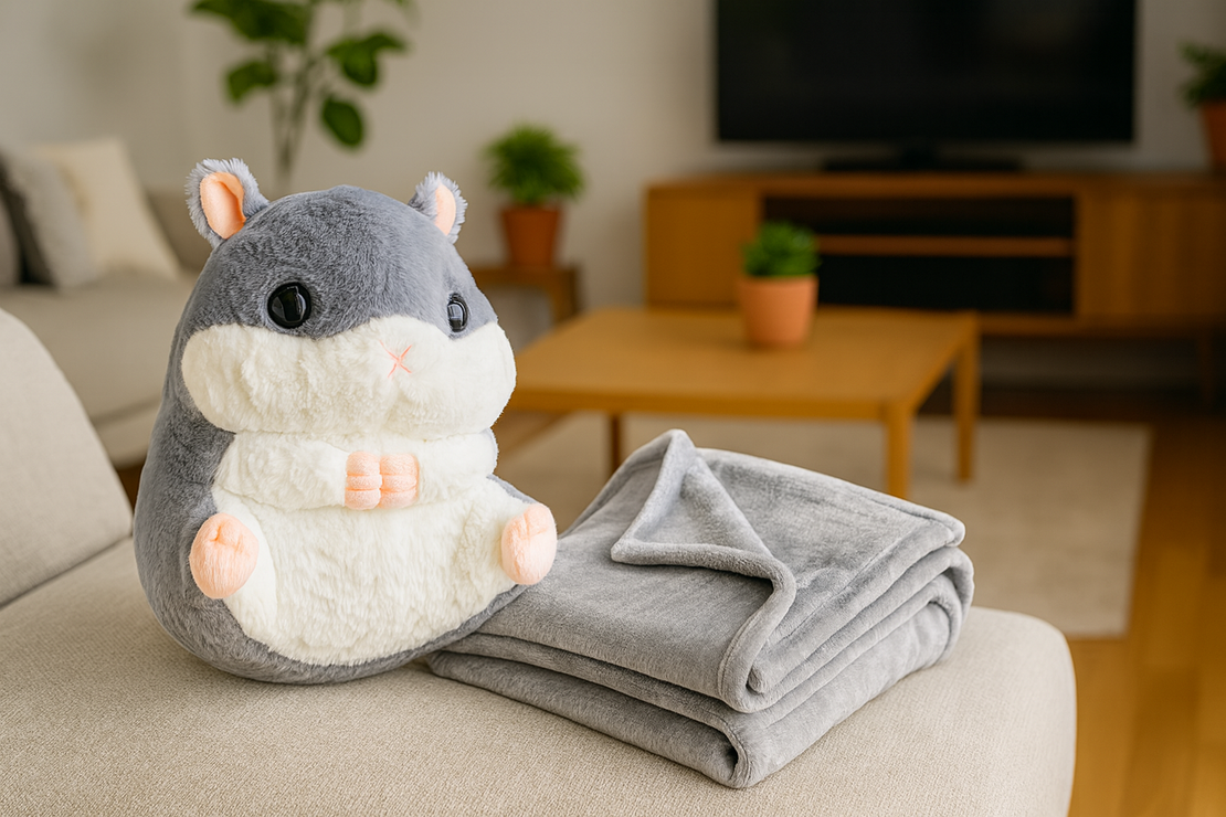 Jucarie plus hamster cu paturica ascunsa, plus moale pentru copii, 50x28 cm, gri