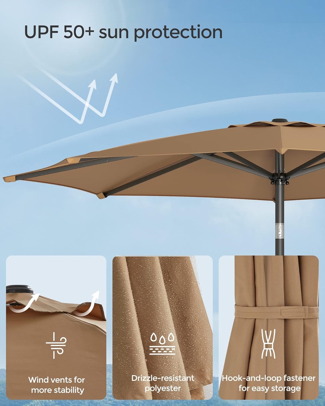 SONGMICS Umbrela de gradina, cu manivela pentru deschidere, sistem inclinare, 300cm, taupe