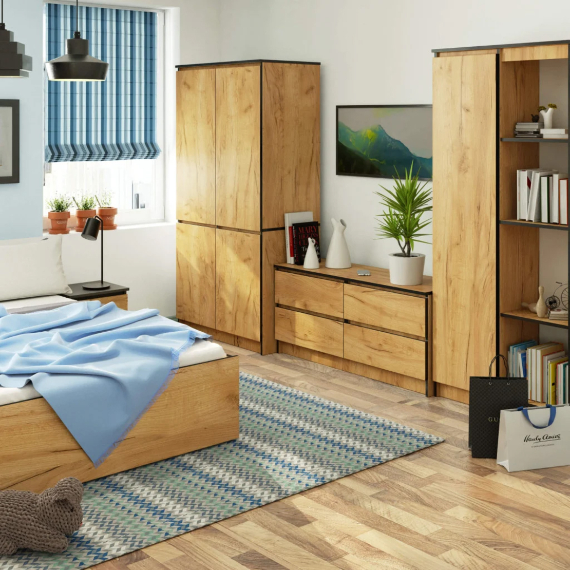 Dulap cu 4 usi, rafturi si bara pentru umerase, PAL laminat, 90x51x180 cm, stejar craft