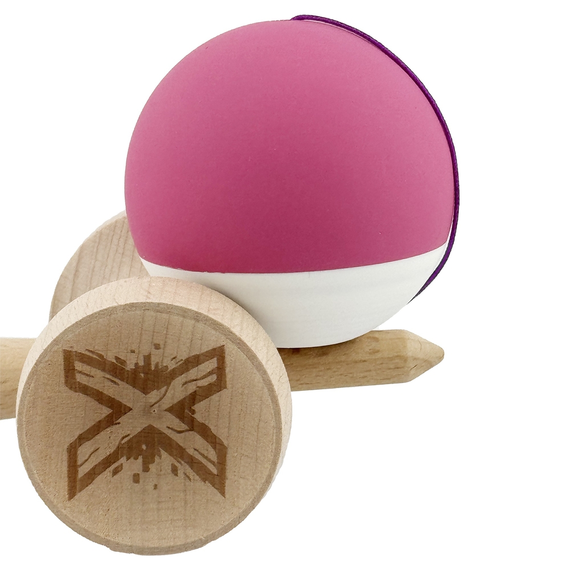 Kendama X Originala, Profesionala, Flippy, Rubber Grip, Cupe Mari KING SIZE V3, Gaura in Baza, Rulment Metalic, din lemn 18 cm, Ata 62/65 cm, Bicolor Roz inchis/Alb