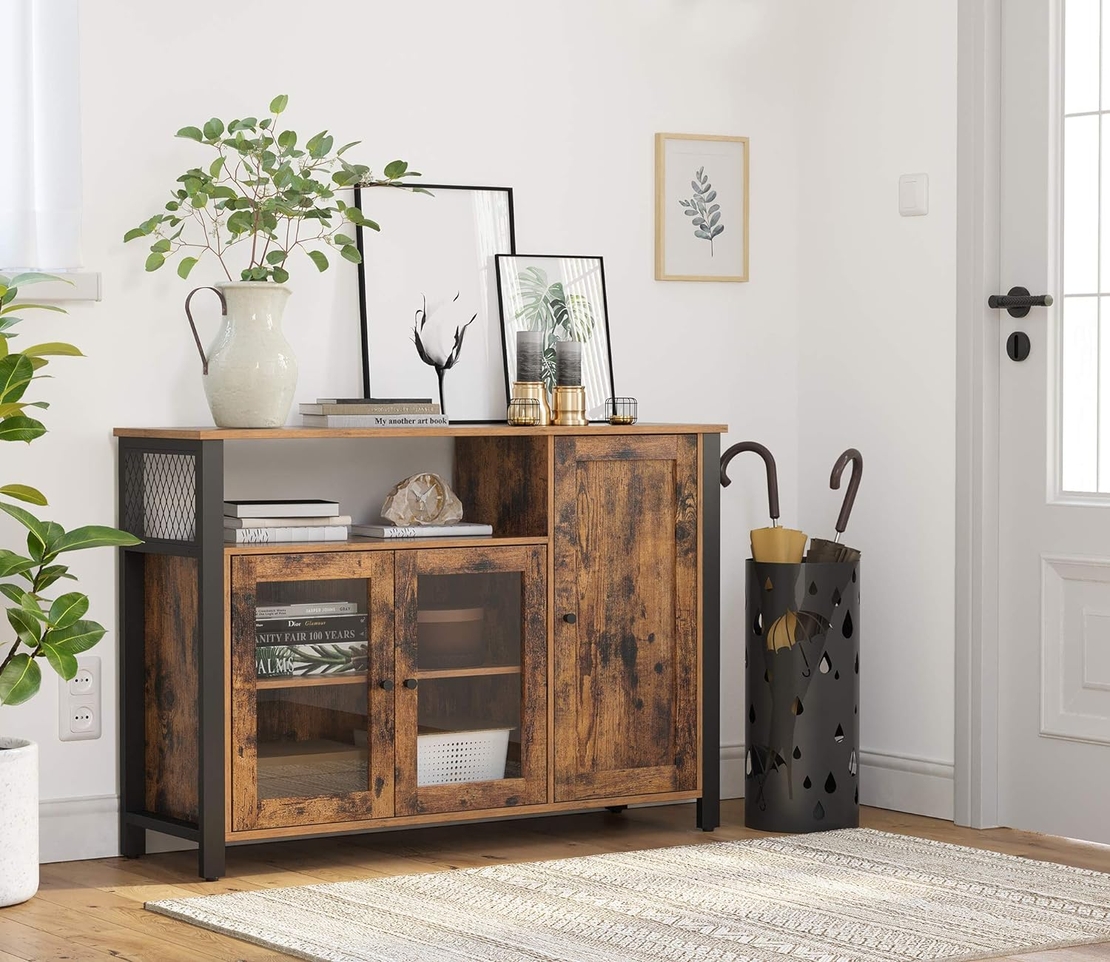 VASAGLE Dulap de depozitare tip bufet, cu 3 usi, stil industrial, 110x33x75cm, maro rustic si negru