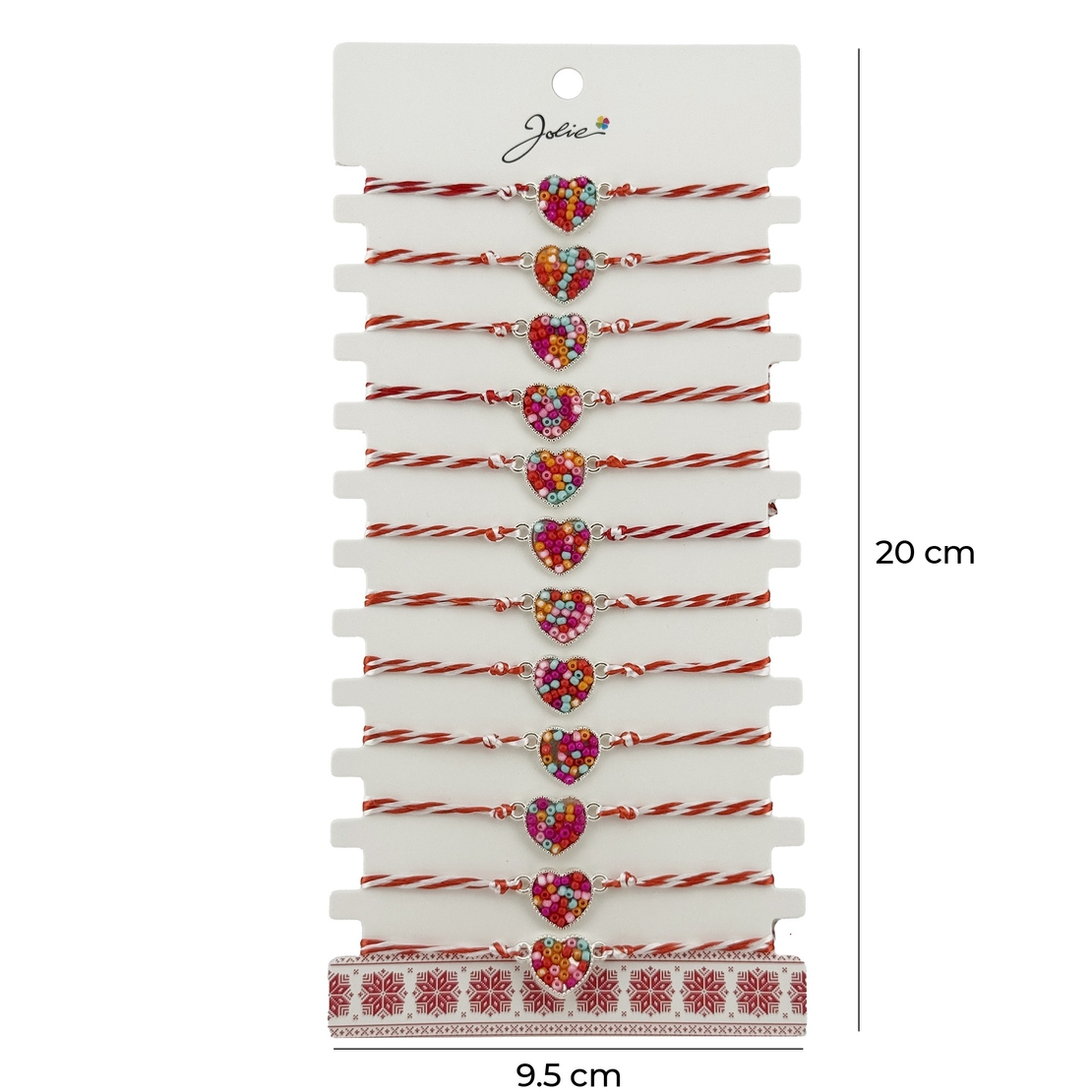Bratara Martisor pentru Dama, Jolie, Model Inima Colorata, Set 12 bucati, Pandativ Argintiu din Inox cu Elemente Multicolore, Snur Alb/Rosu