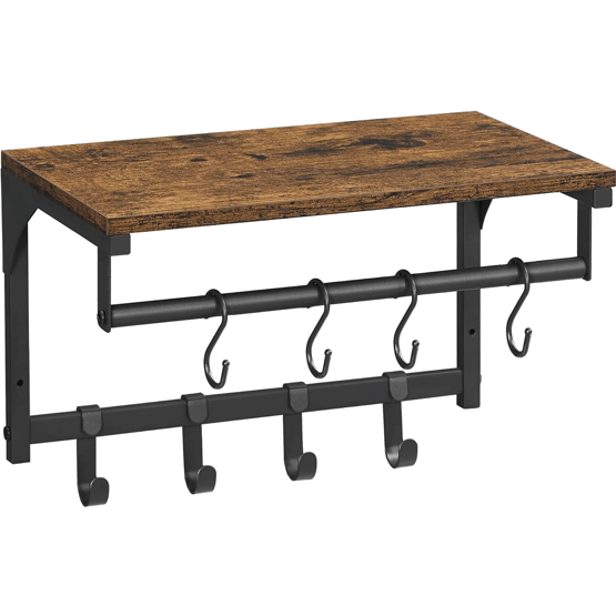 VASAGLE Cuier perete cu 8 carlige si polita, 40x24x24 cm, maro rustic si negru