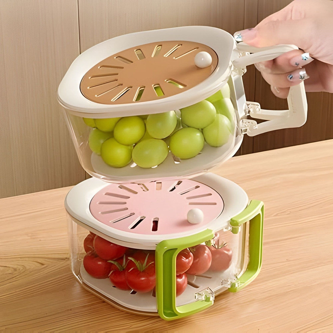 Cos de Scurgere pentru Fructe 2 in 1, Vafy, din Plastic Durabil, Filtru Telescopic, Scurgator de Fructe si Legume, pentru Uz Casnic, 15 x 15 x 8.5 cm, Roz/Bej