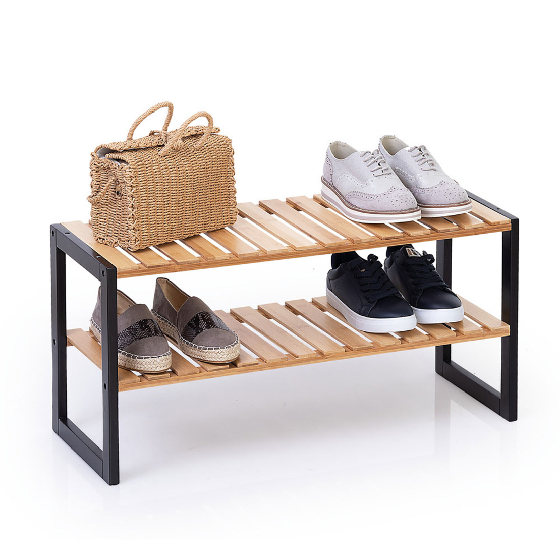 Suport pantofi 6 perechi 5Five Bamboo, din bambus, 70x26x34 cm, negru