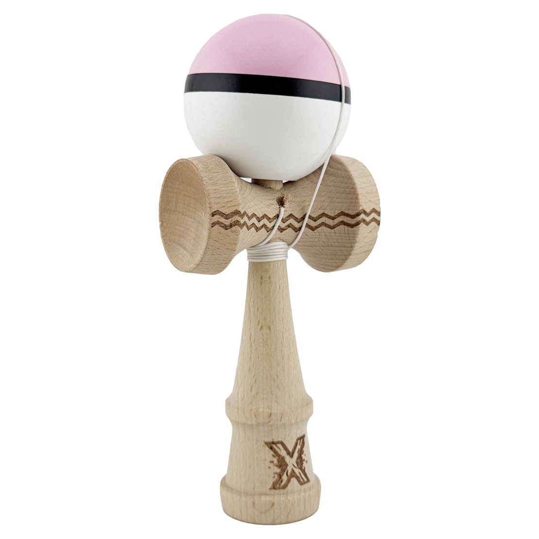 Kendama X Originala, Profesionala, Flippy, Gravata cu Cupe Mari V2, Super Sticky, Gaura in Baza, Rulment Metalic, din lemn 18 cm, Ata 55 cm, Roz/Negru/Alb