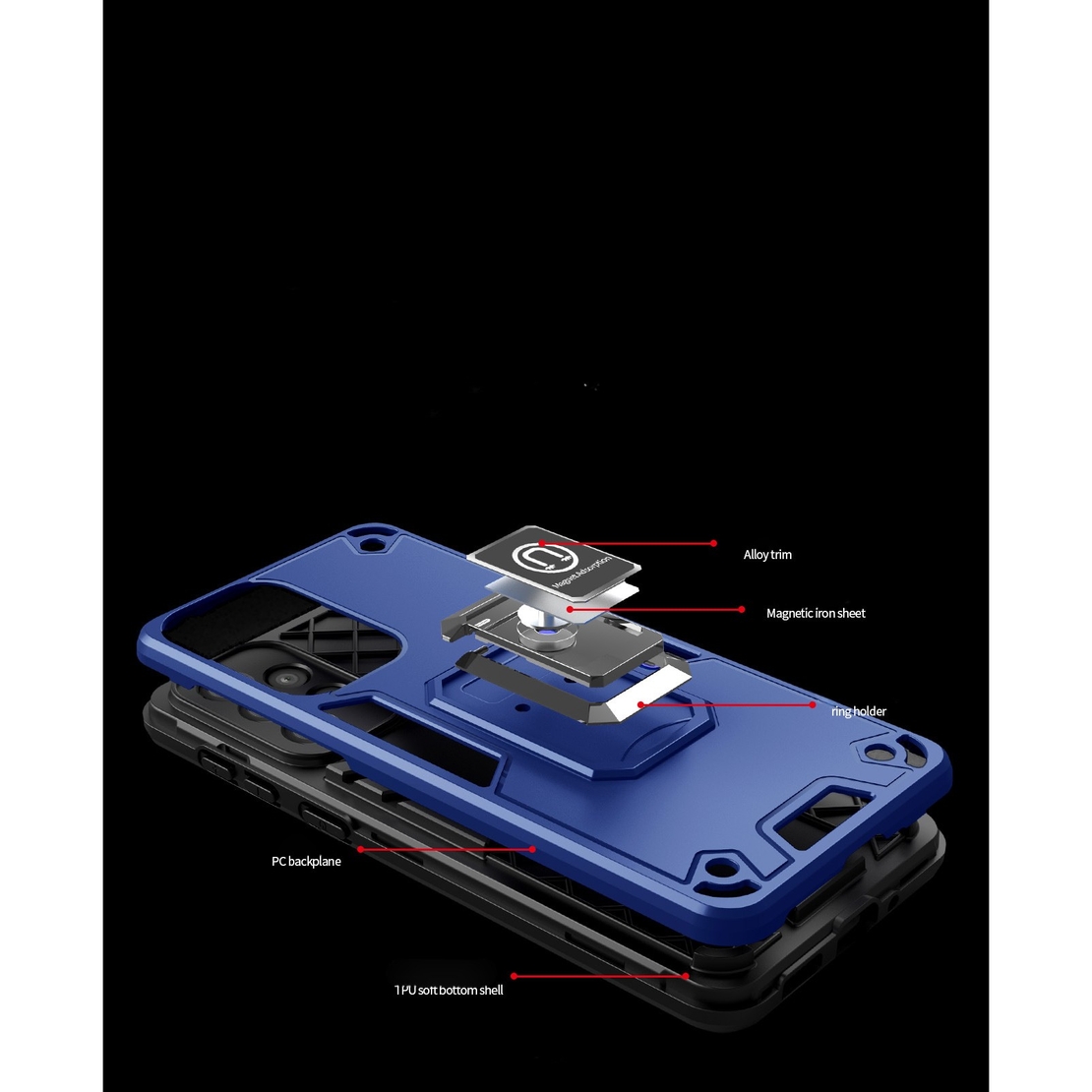 Husa Iron Warriors pentru iPhone 13 Pro, Vafy, Hybrid Ring Holder Kickstand, Albastru inchis