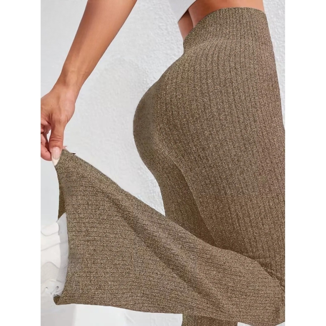 Pantaloni Sport de Dama, Flippy, pentru Yoga, Talie Inalta, Evazati, Tricotati, Khaki, Marime M