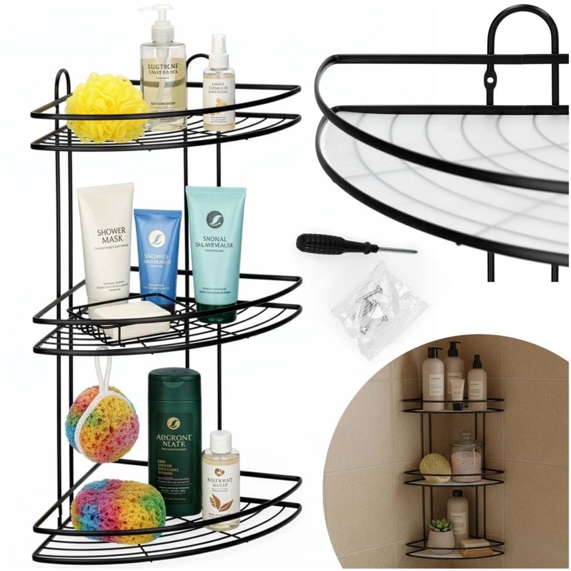 Etajera de colt pentru dus, cu 3 polite, montaj pe perete, inox, 25x25x59 cm, negru