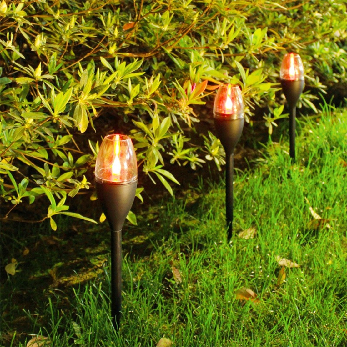 Lampa solara LED pentru gradina, Flippy, Set 10 Bucati, Tip Pahar de Vin, Inaltime 37.5 cm, efect de flacara, PVC si ABS, 2V, 200mAh, Lumina Multicolora, Negru