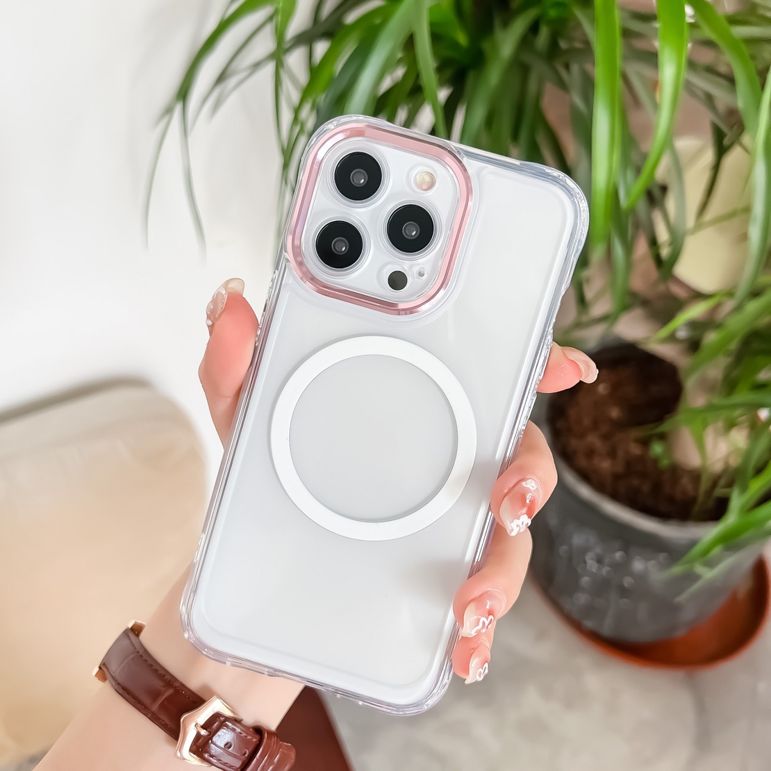Husa MagSafe Silicone pentru iPhone 12 Pro, Vafy, Transparenta, Magnetica, Extra Protectie Camera Roz