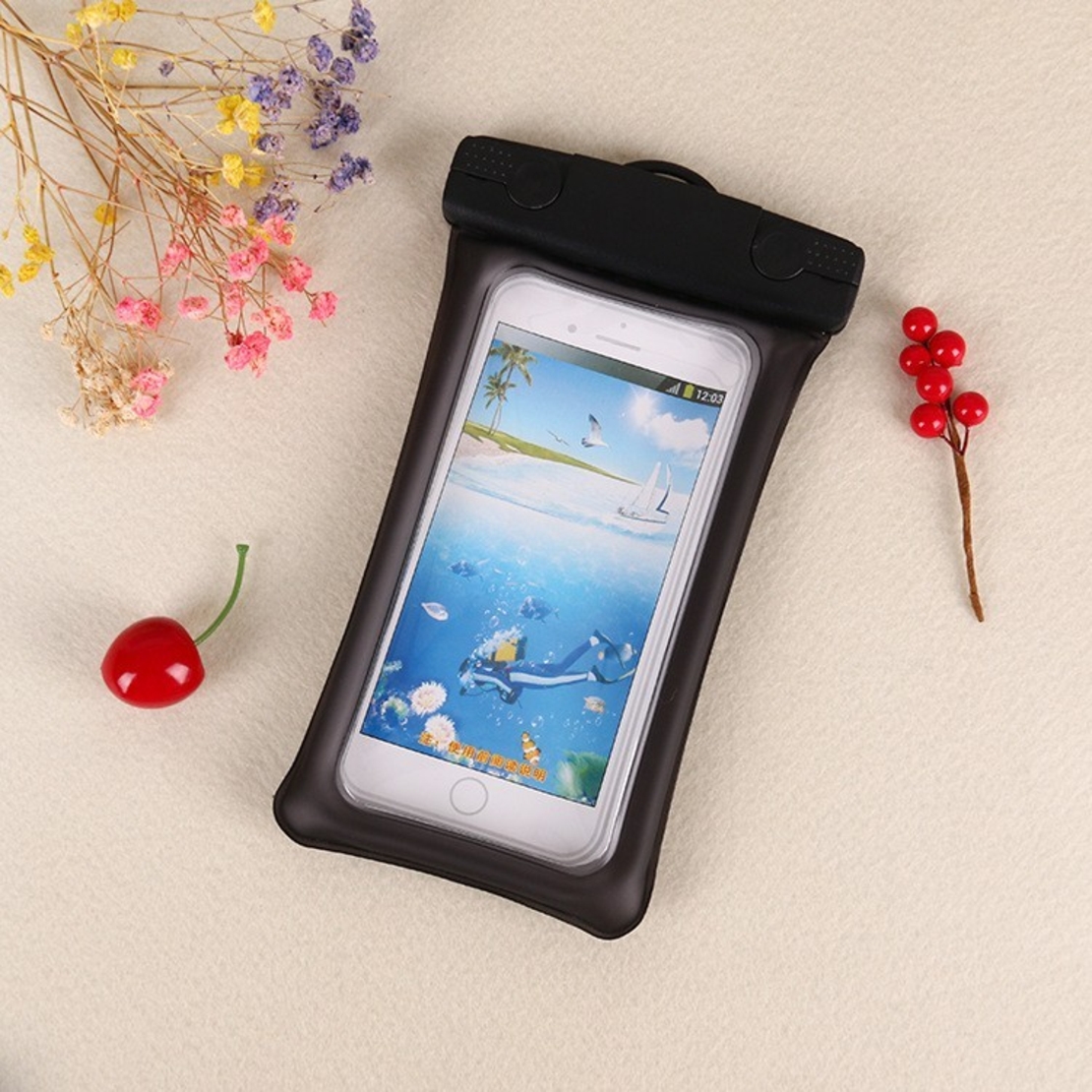 Husa subacvatica Matte Cushion Waterproof Flippy, Snowproof, Universala, cu Snur, pentru telefon sau documente, Negru