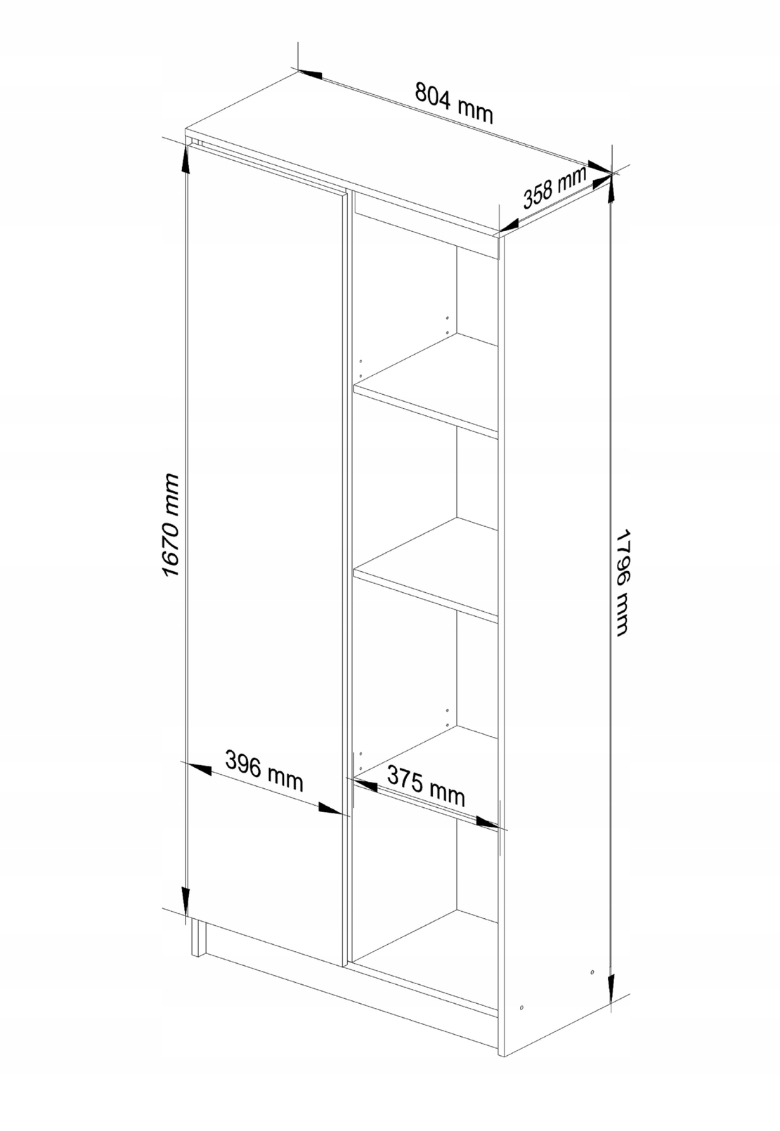 Dulap cu usa si 8 etajere, PAL laminat 16 mm, 80x35x180 cm, alb si stejar sonoma