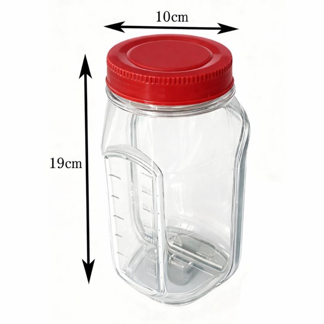 Container Caserola pentru Salata,, Vafy, Borcan pentru Salata, din PP, Gradat in ml, 1L, 19 x 10 x 10 cm, Capac Rosu, Transparenta