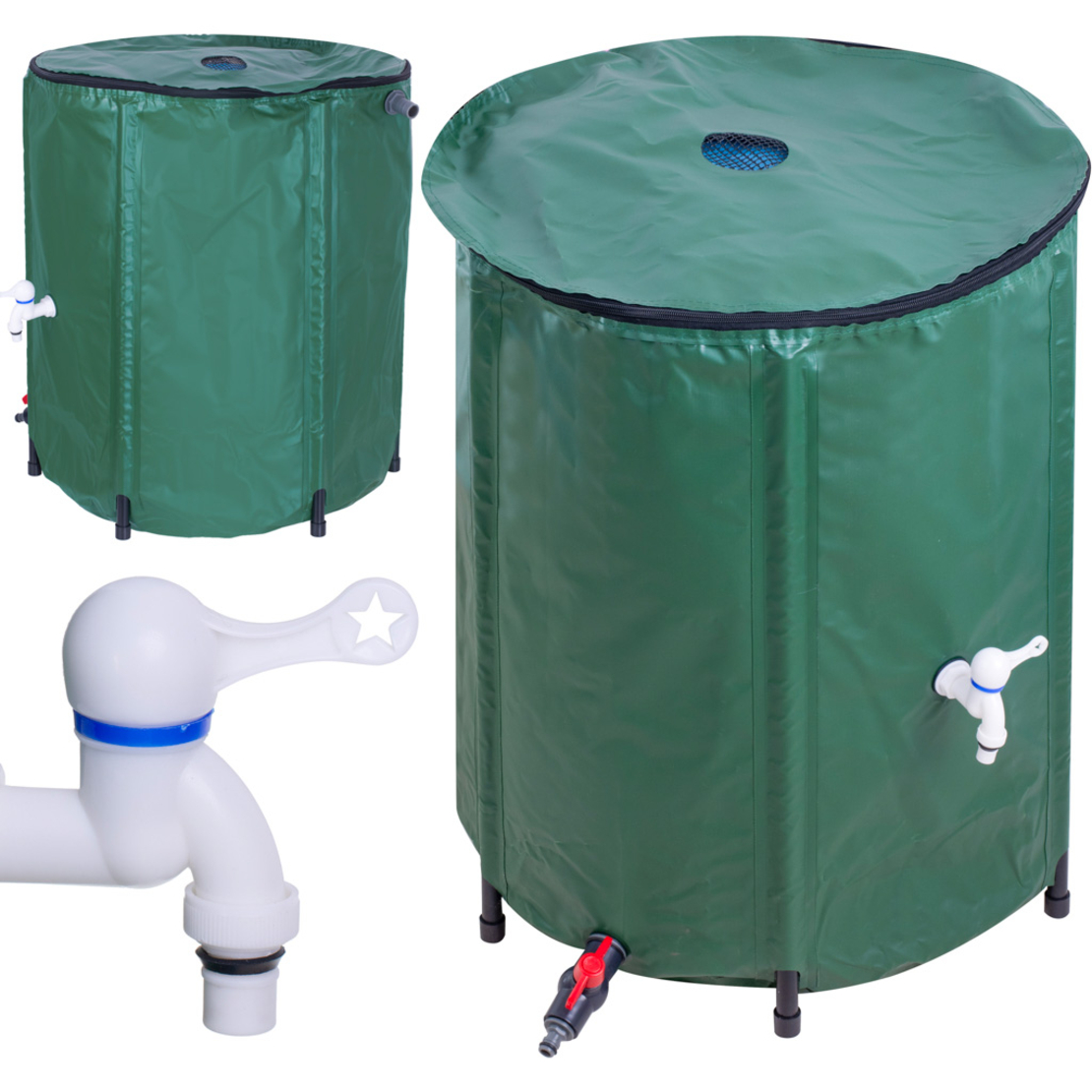 Rezervor pliabil pentru apa pluviala cu robinet, capac si structura PVC, 200 litri, 70x55x55 cm, verde