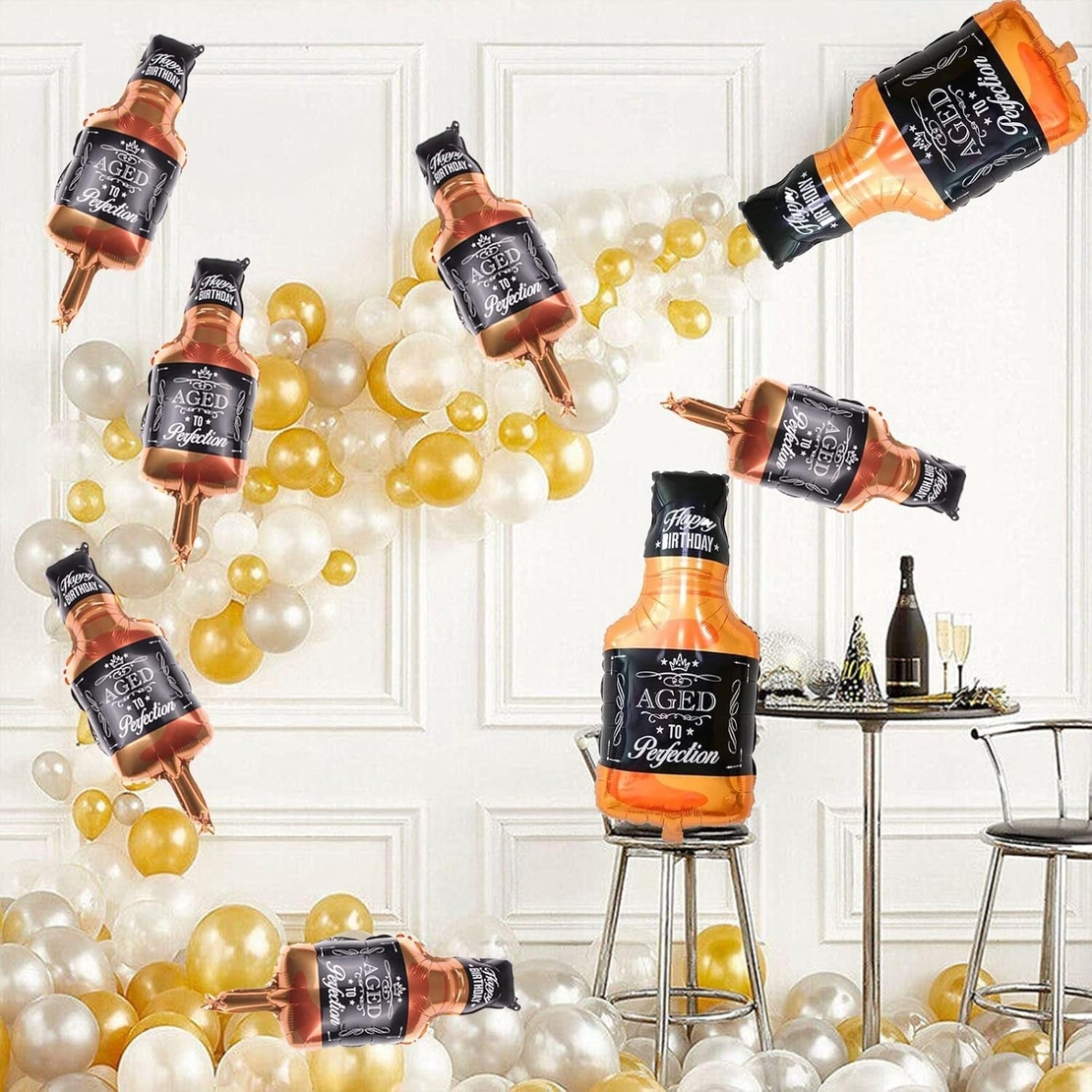 Balon din Folie Metalizata, Flippy, Figurina Sticla de Whisky, Tema Aniversare, 90x45 cm, Ambalaj Individual, Pai Inclus, Umflare cu Aer sau Heliu