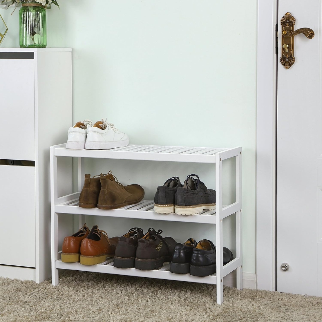 SONGMICS Raft de depozitare din bambus, cu 3 niveluri, 26x70x55cm, alb