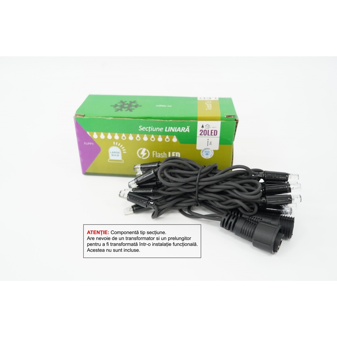 Sectiune Instalatie de Craciun Vafy Tip Liniara, cu Flash, 2 m, 20 LED-uri, Interconectabila, Fir Negru, Alb-Rece, Atentie! nu contine Alimentator