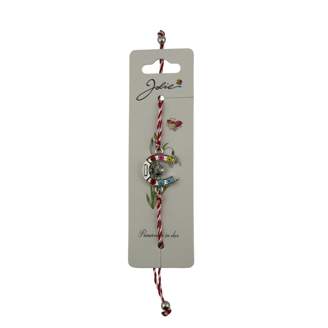 Martisor Bratara cu Snur Alb Rosu Reglabil, Jolie, Model Potcoava Multicolora cu Buburuza, Jolie