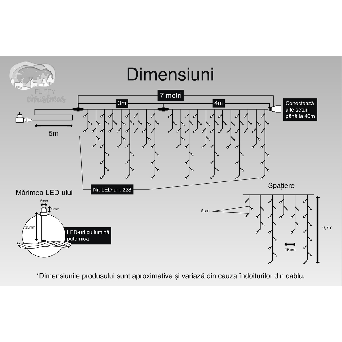 Instalatie Craciun, 7 m, 228 Led-uri ,Franjuri, Alb cald, Flash, Transformator cu telecomanda, Interconectabila, Prelungitor 5 m inclus, Fir Transparent, Flippy