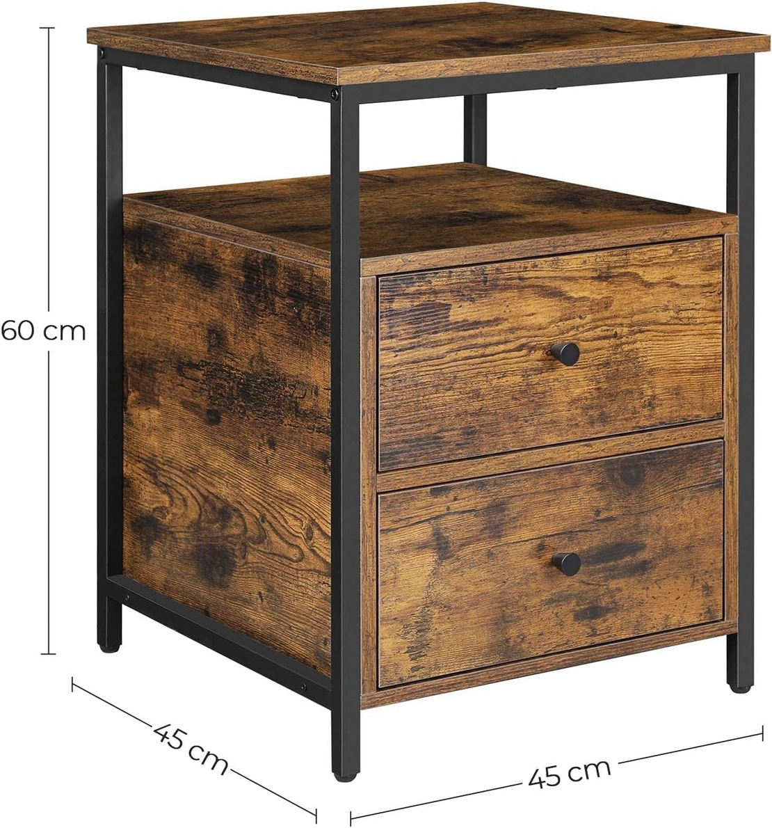 VASAGLE Noptiera cu compartiment deschis, 2 sertare, stil industrial, 45x45x60cm, maro rustic si negru