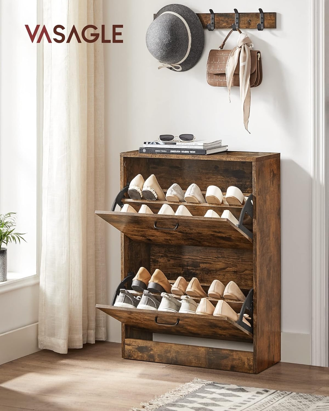 VASAGLE Dulap pantofi cu 2 usi rabatabile, din MDF, pentru 8-12 perechi, 60x24x84cm, maro rustic