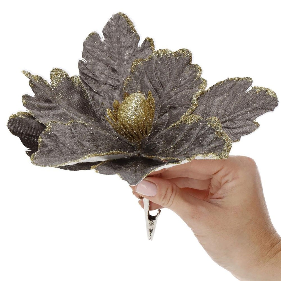 Set 5 ornamente pentru bradul de Craciun, stea Poinsettia, 23cm, gri auriu