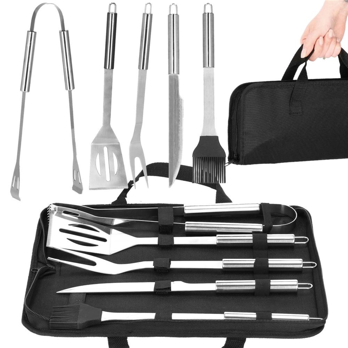 Set ustensile gratar 5 piese, inox, cu husa transport, 37x14x5 cm, argintiu