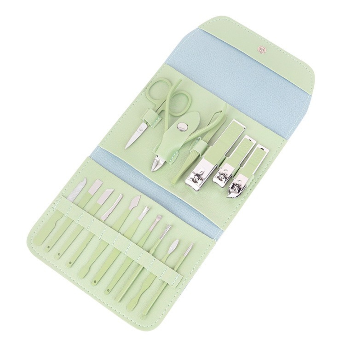Set 16 Piese de Ingrijire Cosmetica, Flippy, pentru Manichiura, Pedichiura, Fata, Geanta Organizatoare din Piele Ecologica Inclusa, Verde