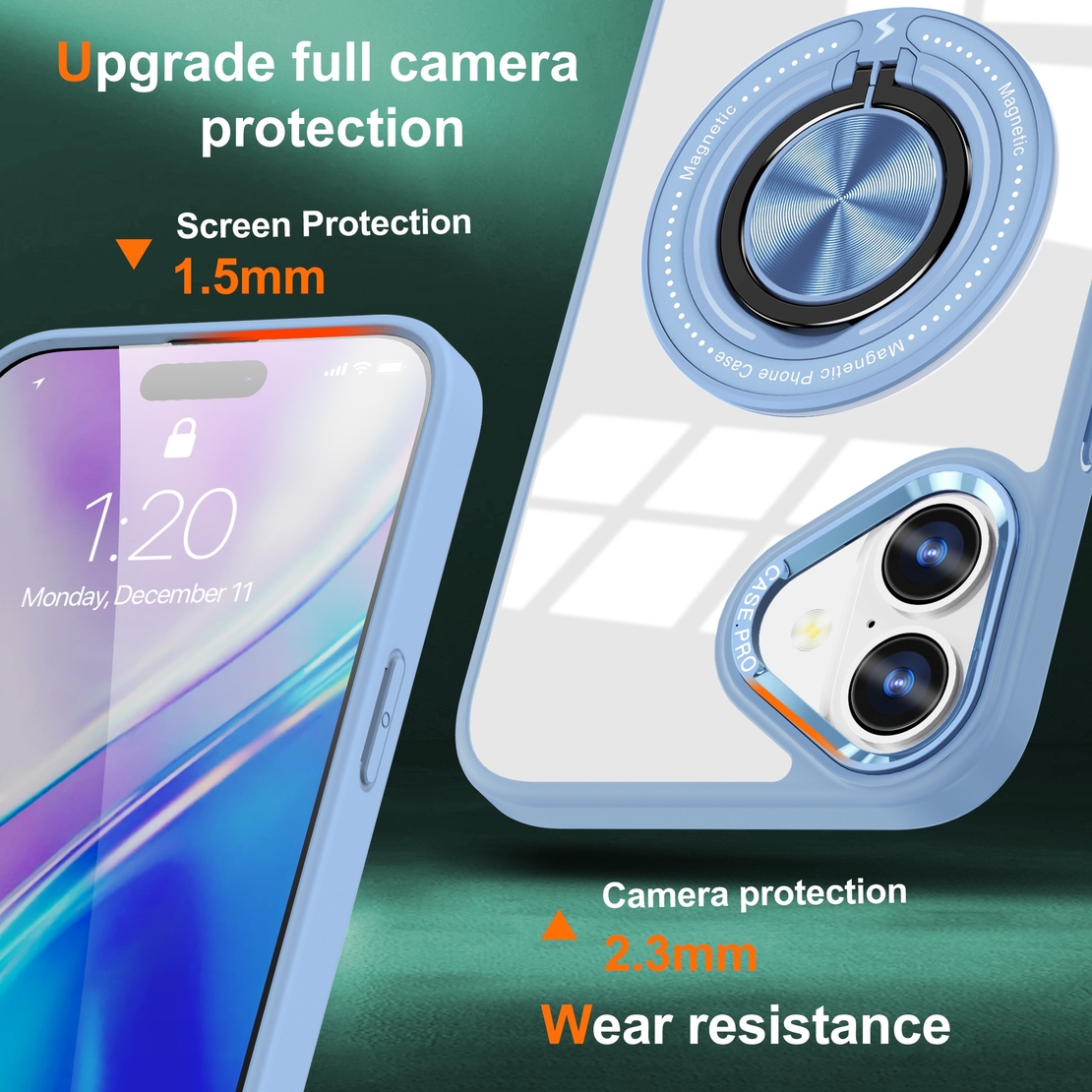 Husa de Protectie TPU, Vafy, pentru iPhone 16, Anticadere, cu Incarcare Wireless, Tehnologie Magsafe, Inel Magnetic Rotativ cu Functie de Suport, Transparent-Albastru Deschis