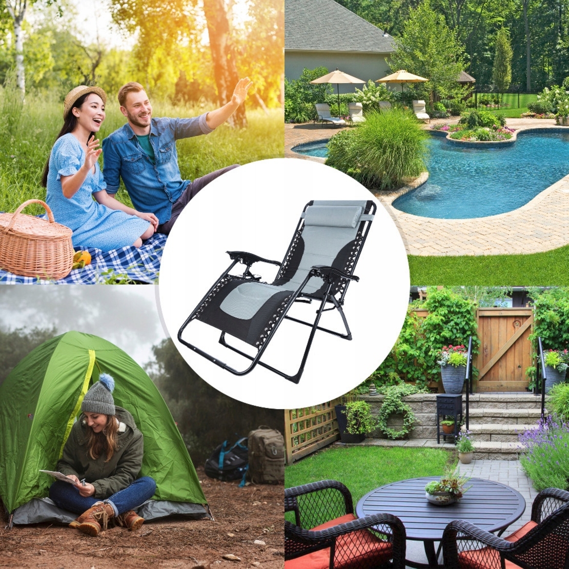Sezlong scaun pliant plaja sau gradina, Siesta, gravitatie zero, cu tetiera, 175x75x110 cm, negri gri