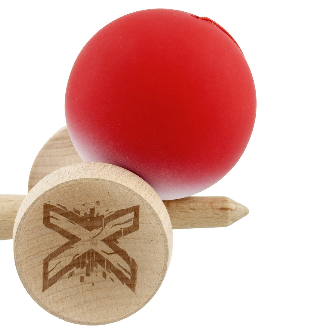Kendama X Originala, Profesionala, Flippy, Cupe Mari KING SIZE V3, Rubber Grip, Gaura in Baza, Rulment Metalic, din lemn 18 cm, Ata 62/65 cm, Gradient Rosu/Alb
