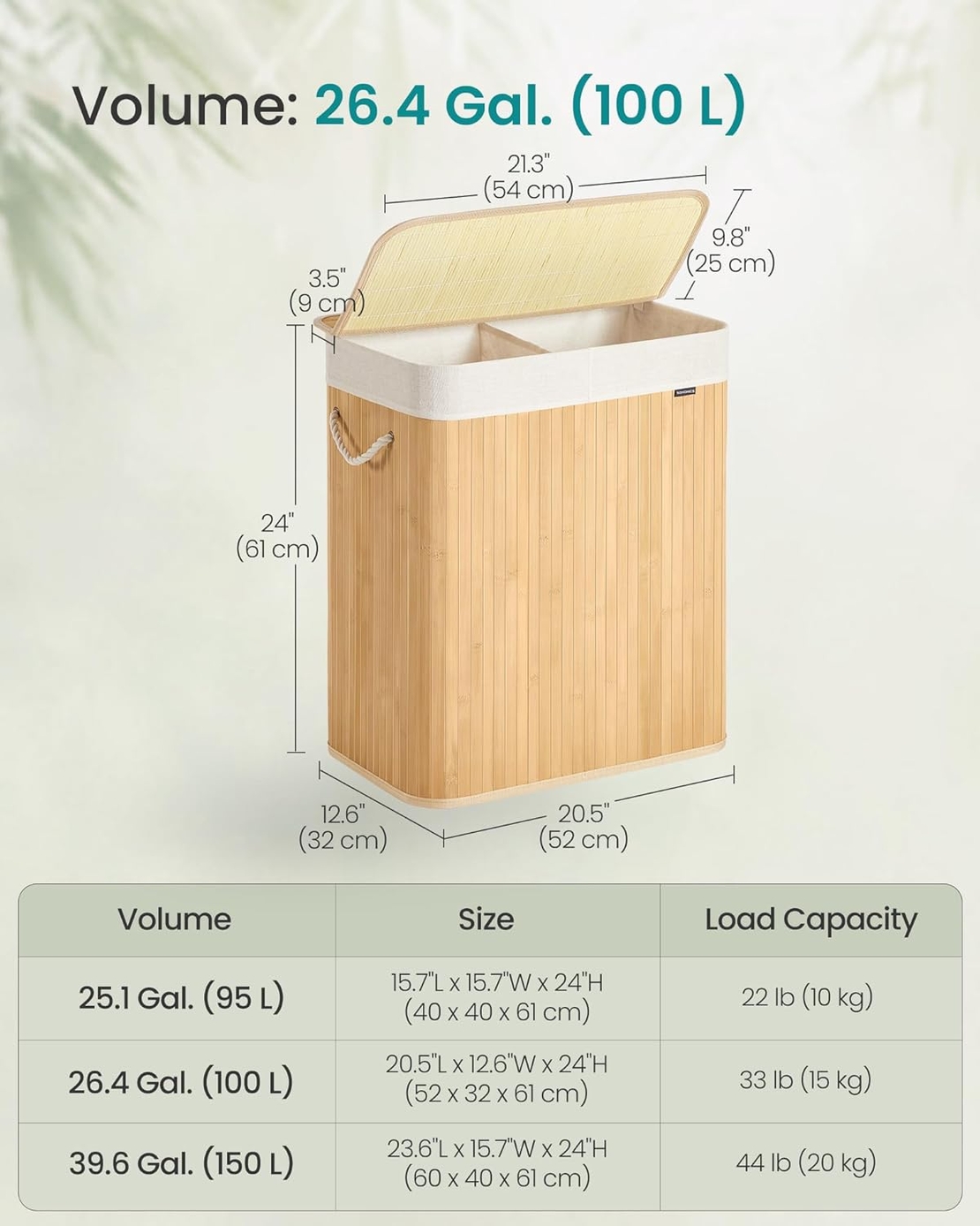 SONGMICS Cos rufe din bambus cu 2 compartimente, sac detasabil, 100 litri, 52x32x61 cm, maro natur