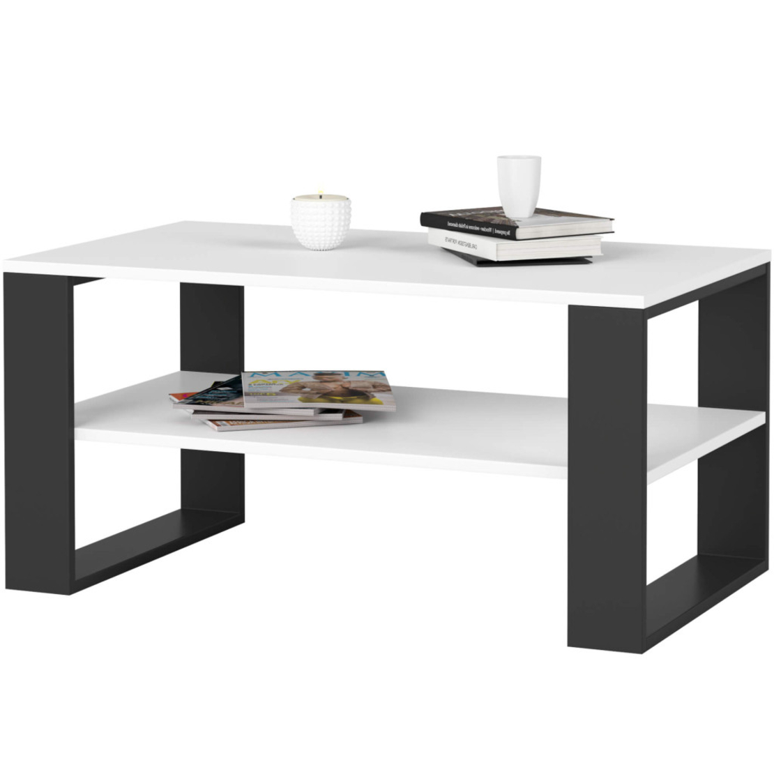 Masuta cafea ALEX cu raft inferior, PAL laminat, 92x53x45 cm, alb si negru