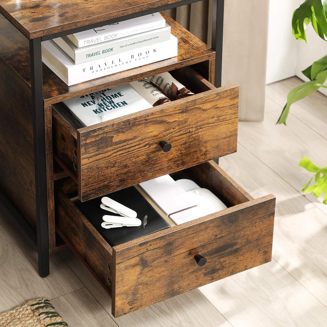 VASAGLE Noptiera cu compartiment deschis, 2 sertare, stil industrial, 45x45x60cm, maro rustic si negru