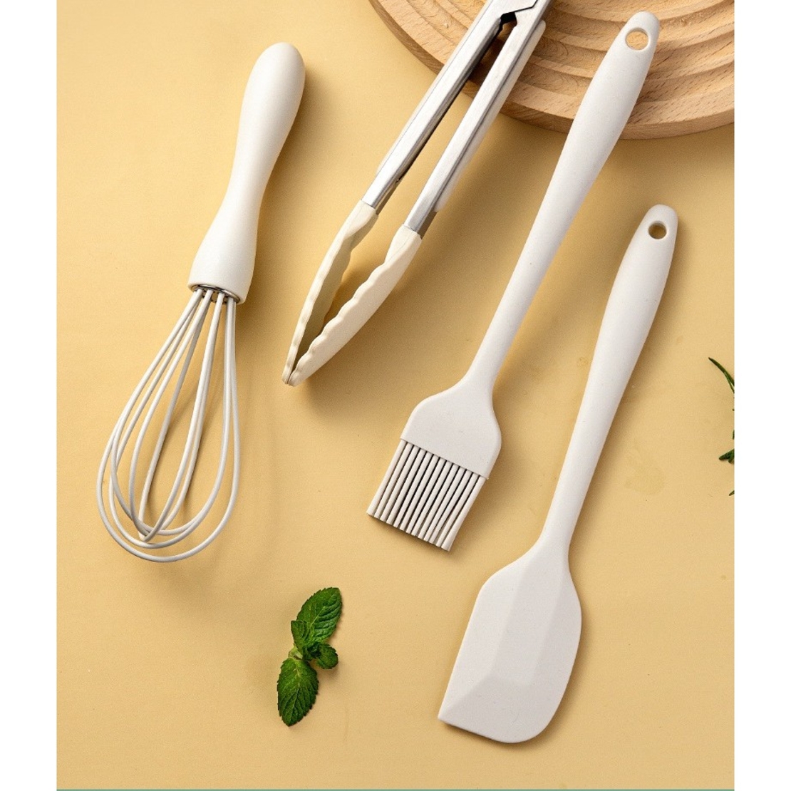 Set 4 Ustensile de Bucatarie, Flippy, din Silicon+Inox, Termorezistente, Antiaderente, 20 x 15 x 4 cm, Alb Ivory