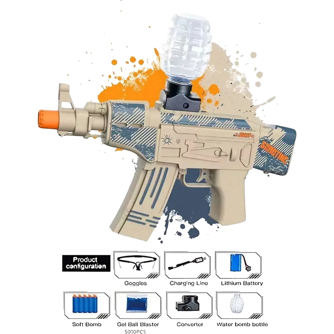Mitraliera de jucarie electrica Flippy cu bile de hidrogen de gel, gun bluster, tragere in rafala, varsta peste 6 ani, ochelari de protectie, 5000 de bile incluse, cablu de incarcare, 28x31 cm, AK47, crem